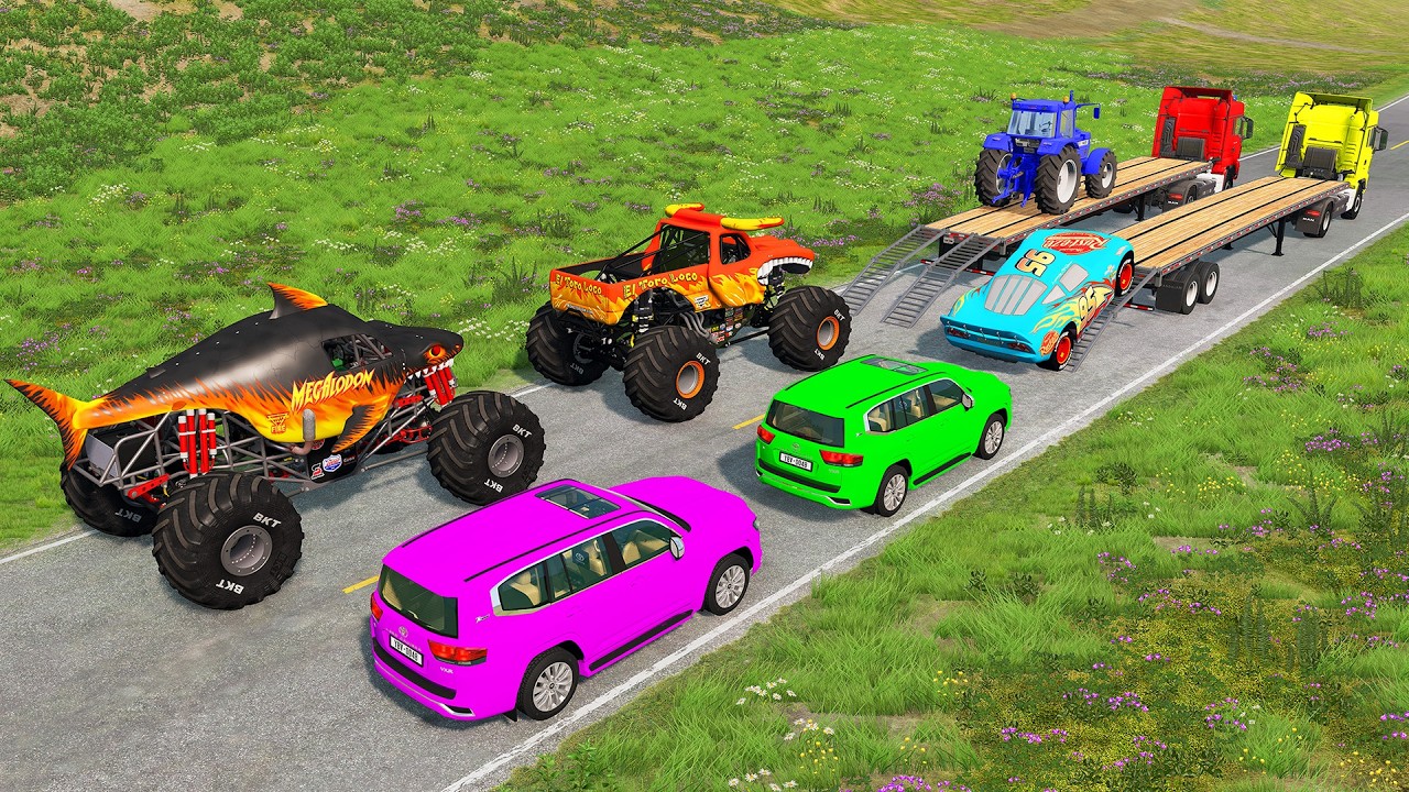 Flatbed Trailer McQueen & Monster Truck Transport | Cars vs Train and Low Bridge | BeamNG Drive #271