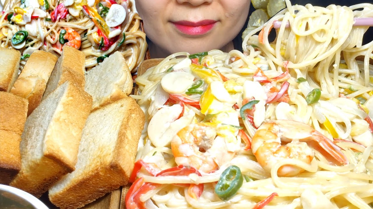 Карбонара + гриль хлеба мукбанг 🍞