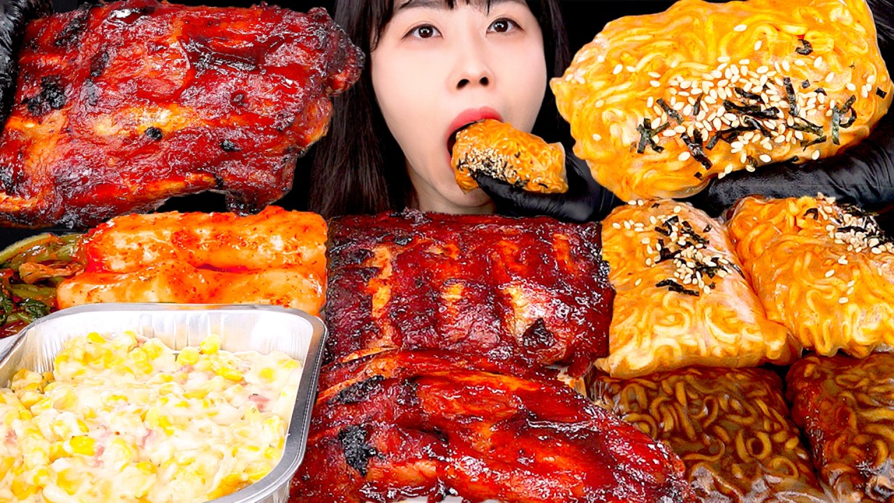 ASMR MUKBANG | SPICY BULDAK SSAM BBQ PORK RIBS KIMCHI 직접만든 불닭쌈, 바베큐 폭립, 총각김치 먹방 EATING SOUNDS