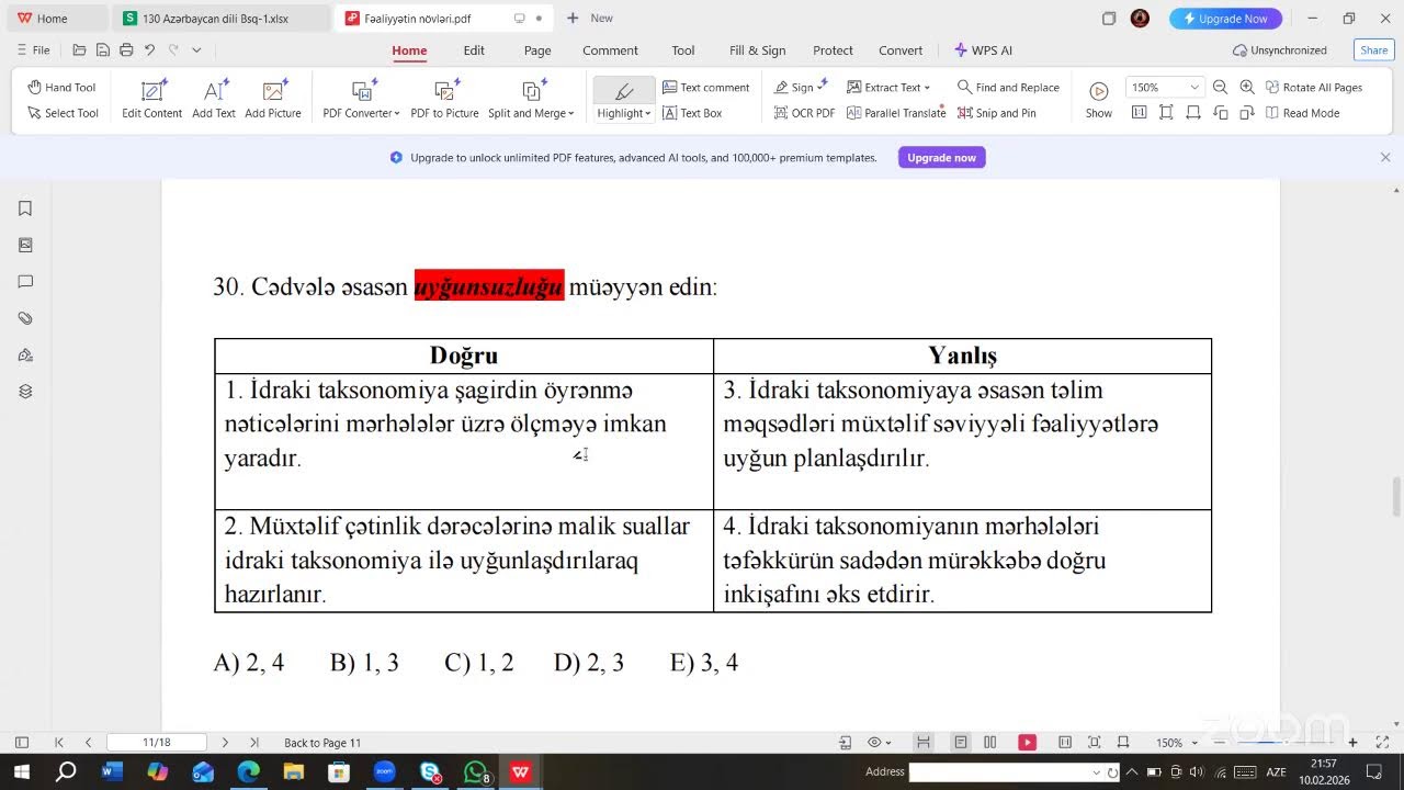 BİLİK TƏFƏKKÜR TAKSANOMİYAYA AİD SINAQ