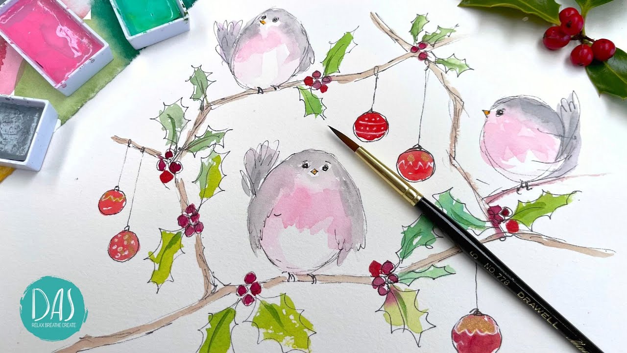 Baby Birds with Xmas Baubles and Holly using Kuretake paints – plus warmup session