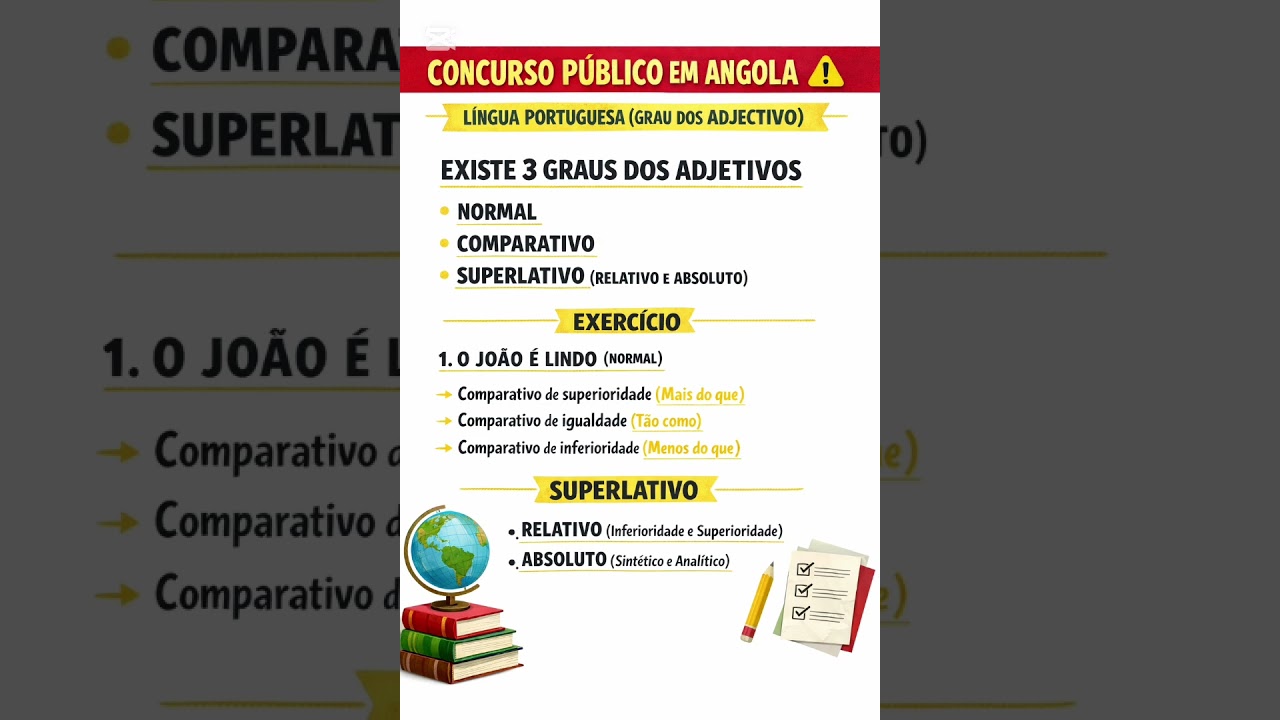 CONCURSO PÚBLICO EM ANGOLA APRENDA QUAIS SÃO OS GRAUS DOS ADJECTIVOS ⚠️‼️👇