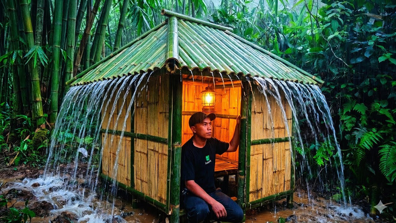 CAMPING heavy rain thunderstorm survival building Bamboo house ASMR
