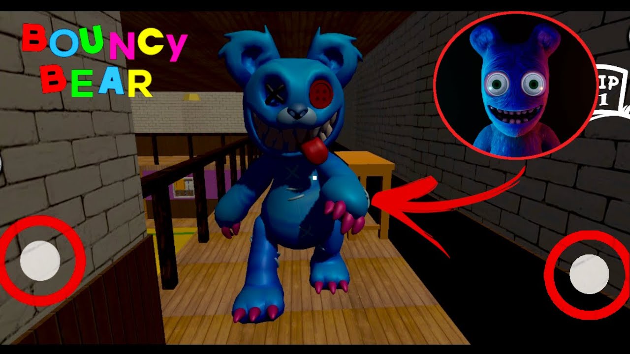New version blue monster  Bouncy Bear in horror house escape, full game mobile walkthrough.