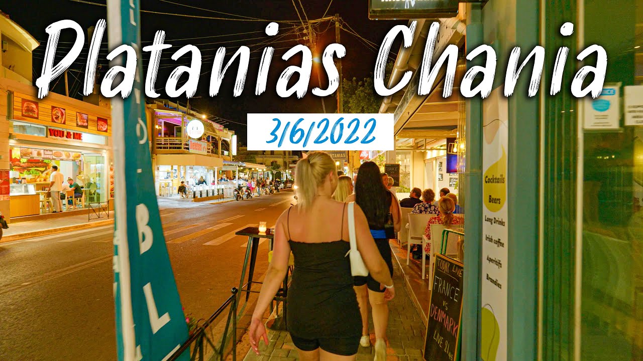Crete Greece, 🇬🇷 Night walk in Platanias, HDR 4k High Quality Footage!
