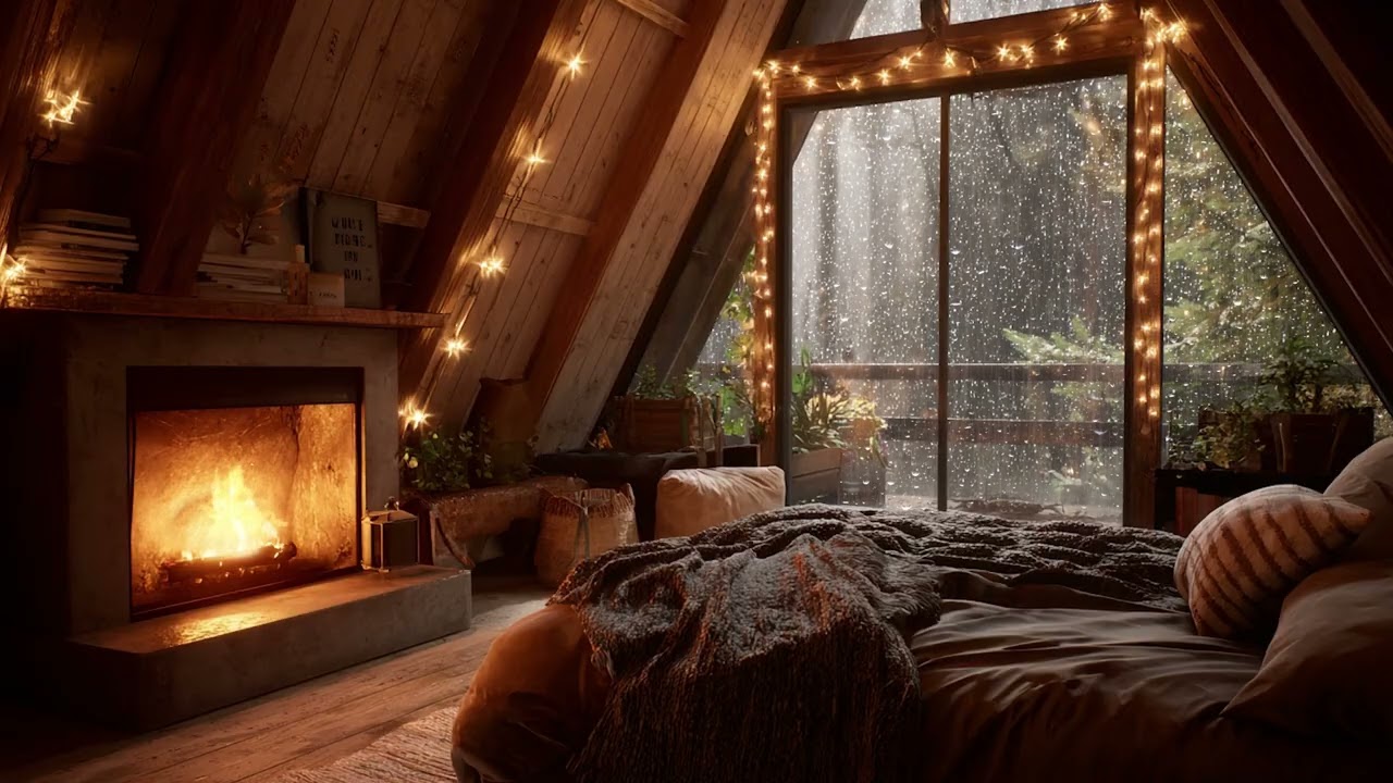 Cozy Fireplace & Rainy Night 🌧️ Peaceful Sleep Ambience