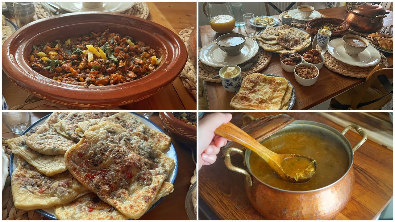 فطور اليوم الحادي عشر من رمضان : طاجين فواكه البحر مسمن معمر الحريرة رغيفات و بان كيك اللبن