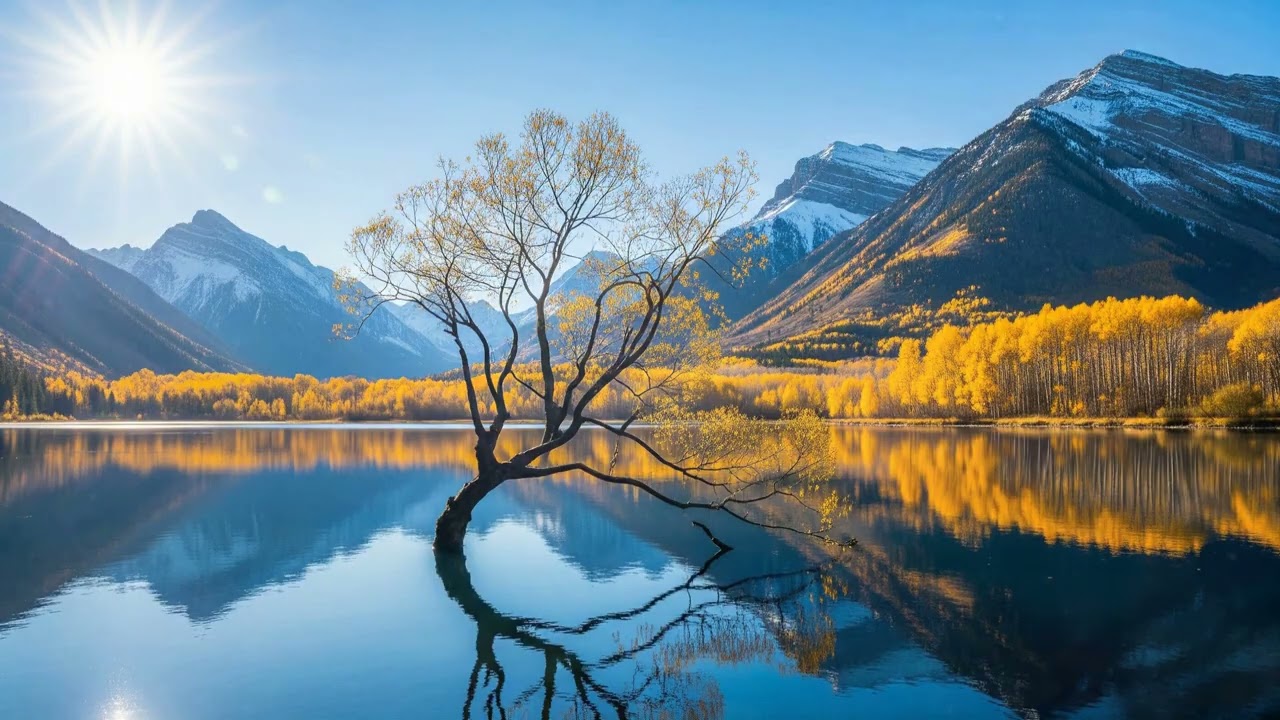 Majestic Solitude: Crooked Tree by Glassy Waters Under Winter Sun