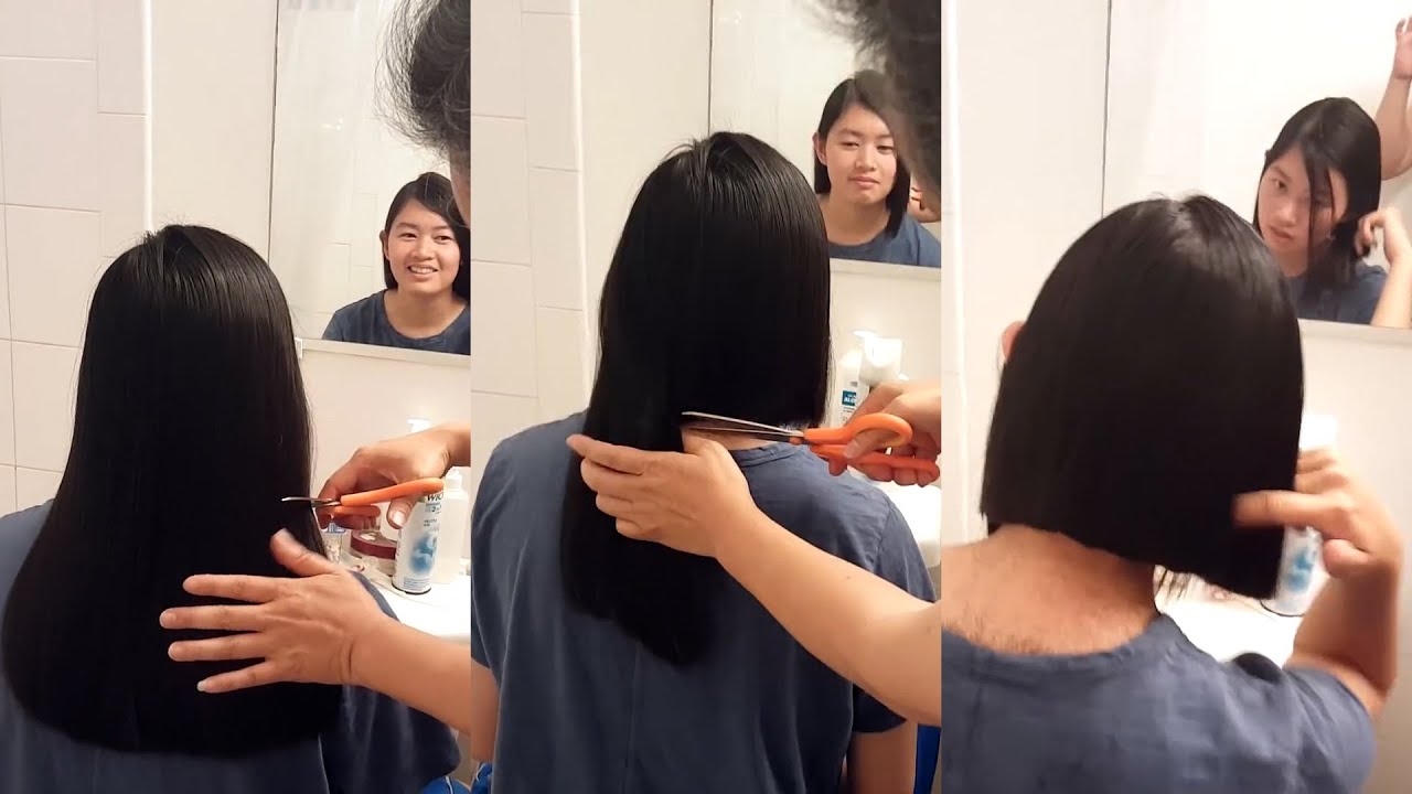 Long hair chopped off into a chin length bob at home B