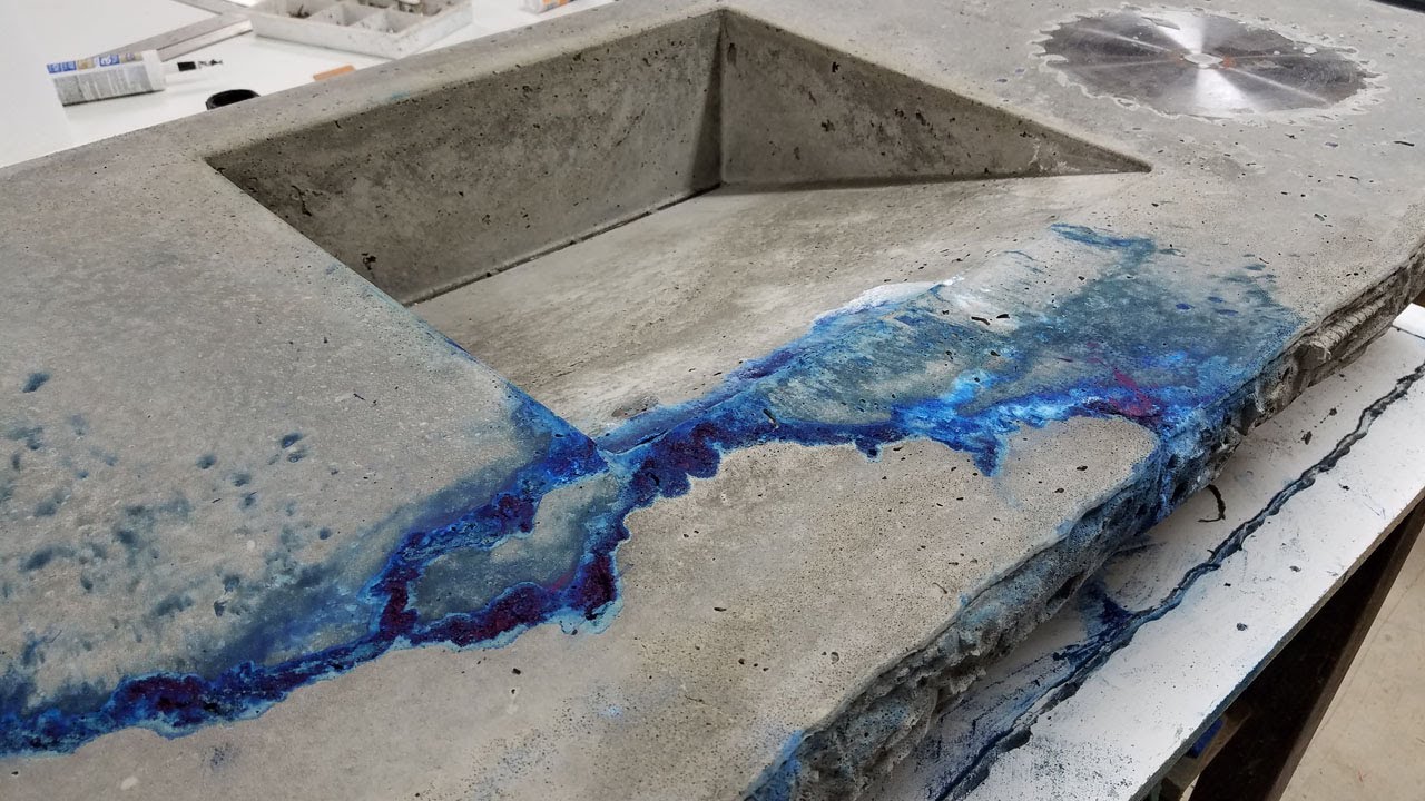 Veining Concrete Countertop with White and Blue Pigments