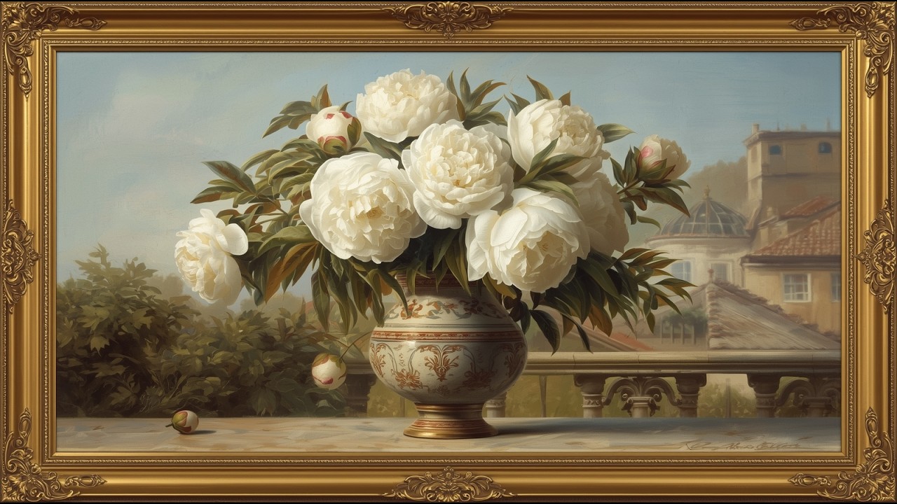 White Peonies in Elegant Arrangement | Vintage Oil Painting | Floral Wall Art | 4K TV Screensaver