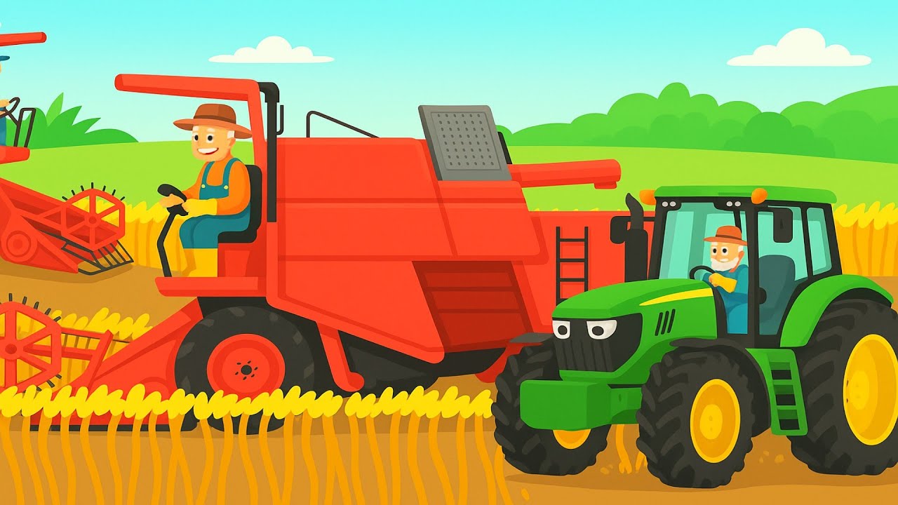 Two Red Combines on the Horizon and a Green Tractor with a Lady Farmer to Help - Tractors for Kids