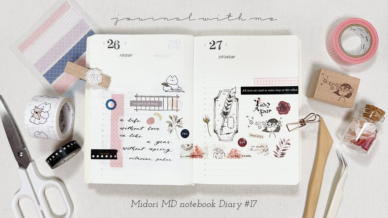 하루 한페이지 다꾸 (8일치) | 감성 빈티지 다이어리 꾸미기 | 미도리 MD 노트 #17 (Journal With Me / Midori MD notebook)