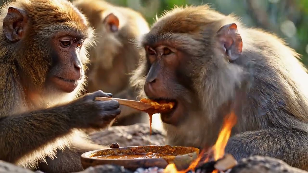 Real Monkey Cooks for a Lion in the Jungle — Unexpected Reaction! #monkeyvideo #outdoorcooking