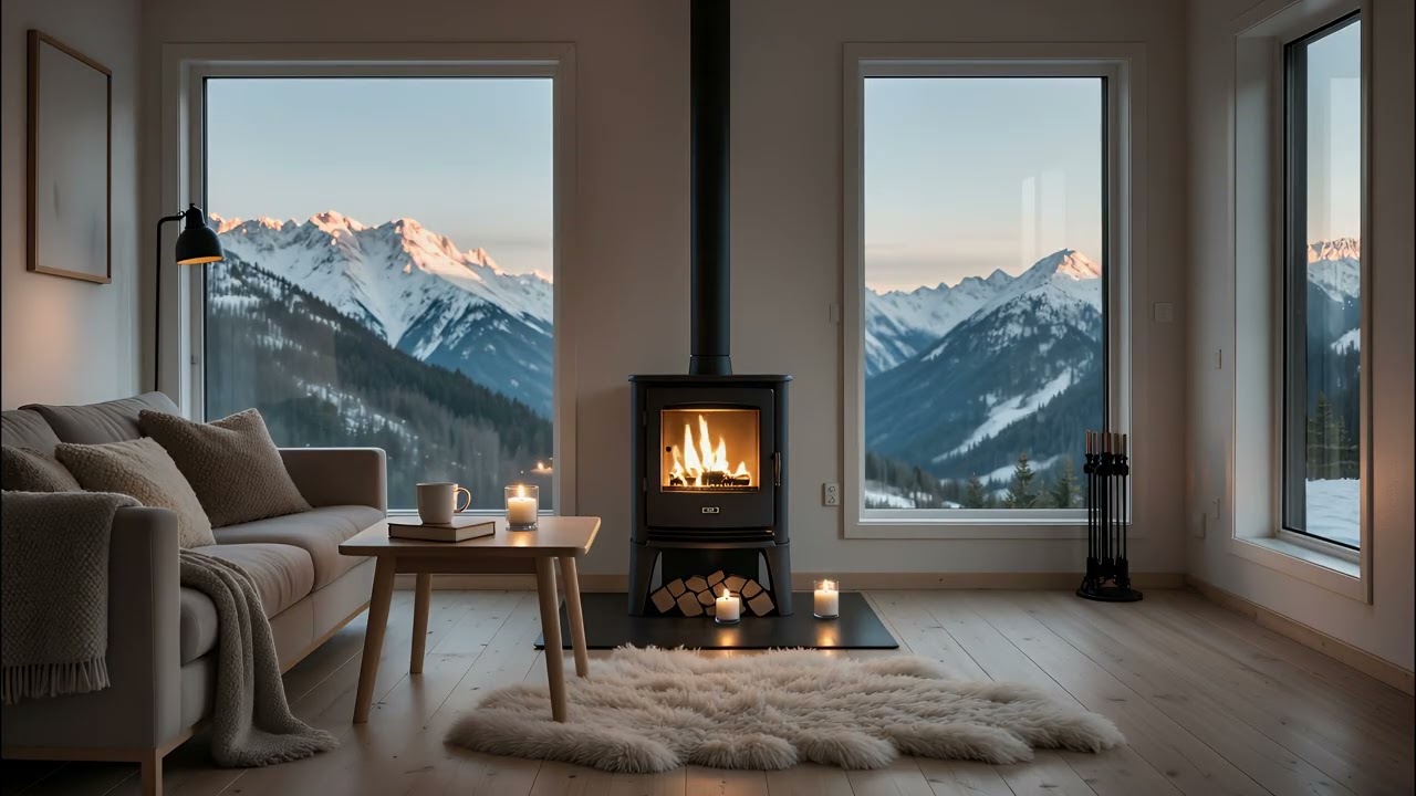 Cozy Mountain Cabin Fireplace 🔥🏔️ | Quiet Snowy Peaks & Peaceful Ambience for Relaxation