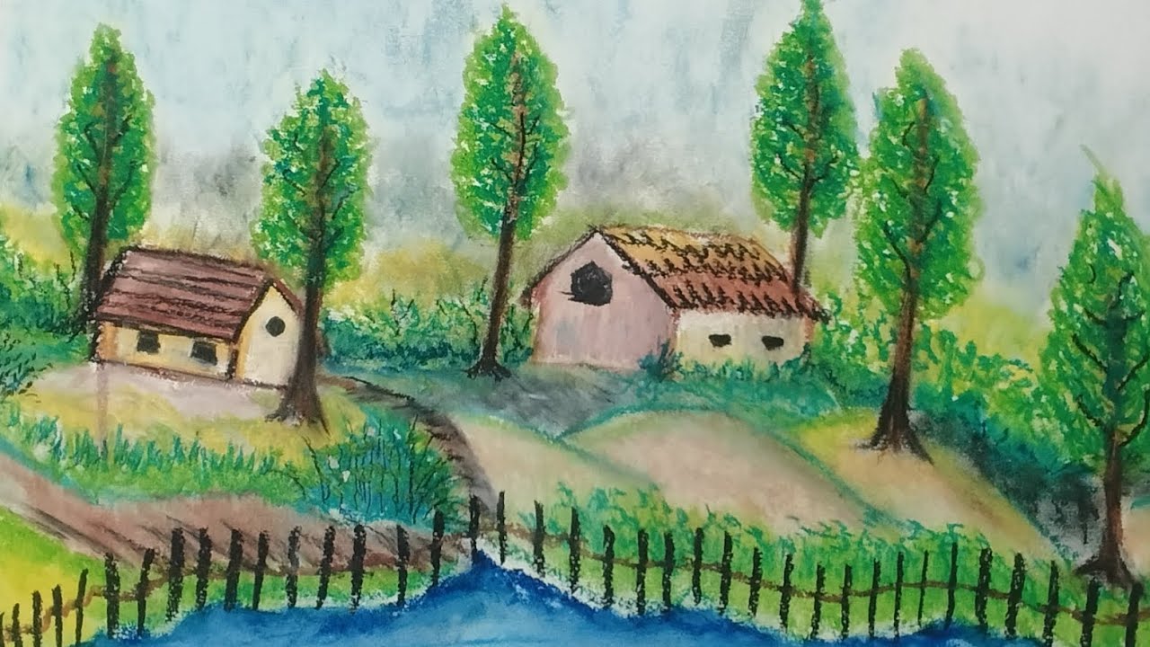Beautiful Village Scenery Drawing with Oil Pastels 🌳🏡 Easy Step-by-Step for Beginners  #howtodraw 