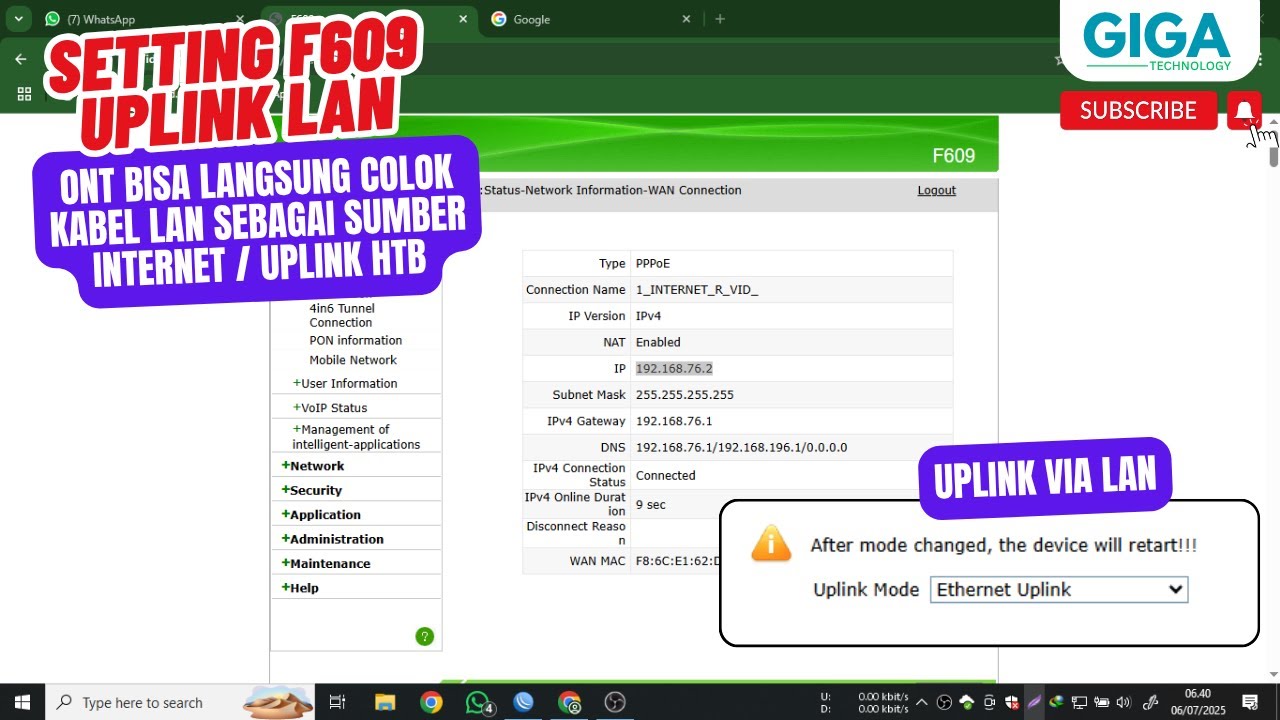 Setting ZTE F609 UPLINK  via LAN | Koneksi dengan HTB / Kabel LAN