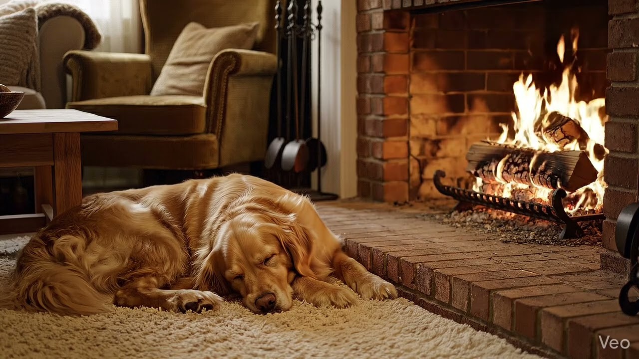 Cozy Fireplace Ambience with Sleeping Dog 🐶🔥 4K Relaxing Fire Sounds for Sleep & Study (2 Hours)
