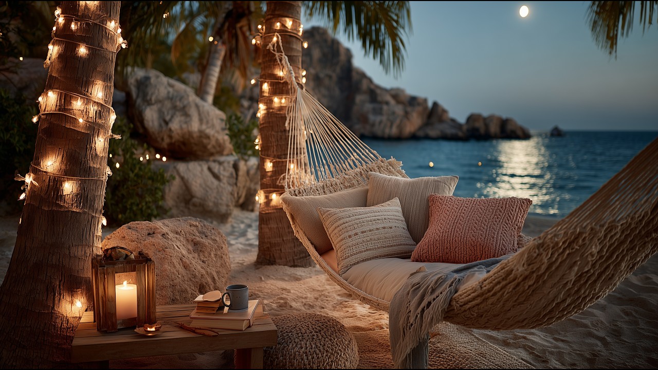 Cozy Beach Hammock at Night 🌙 Ocean Waves & Warm Lights | 5 Hours Relaxing Beach Ambience