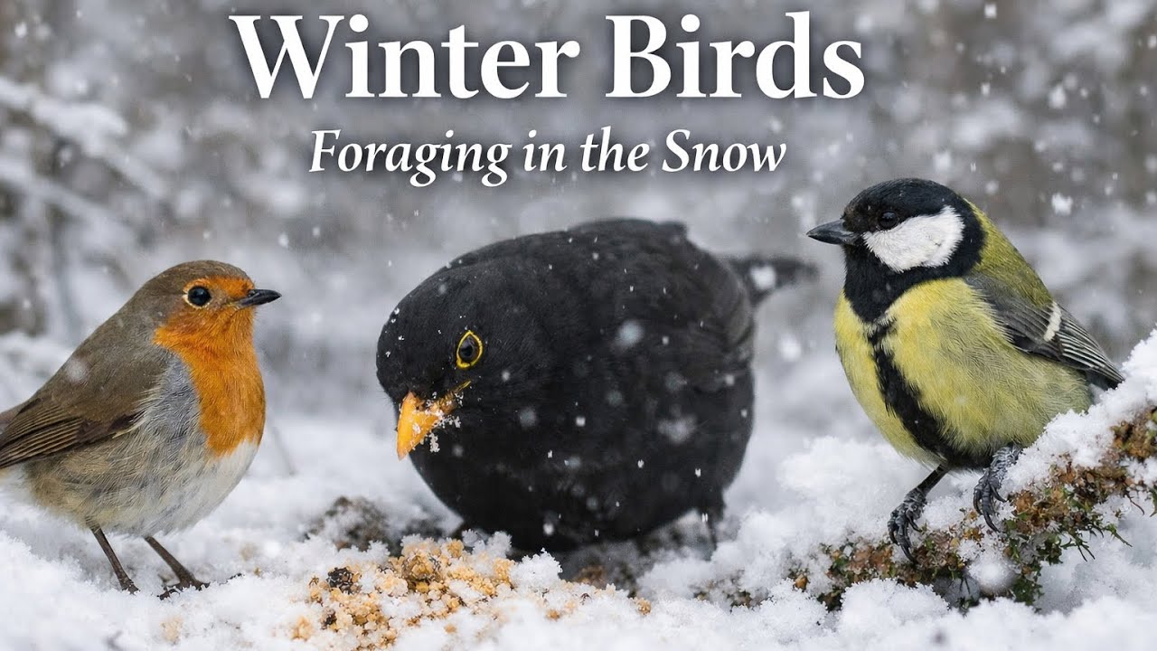 Winter Birds Foraging in the Snow | Peaceful Wildlife in a Frozen Forest