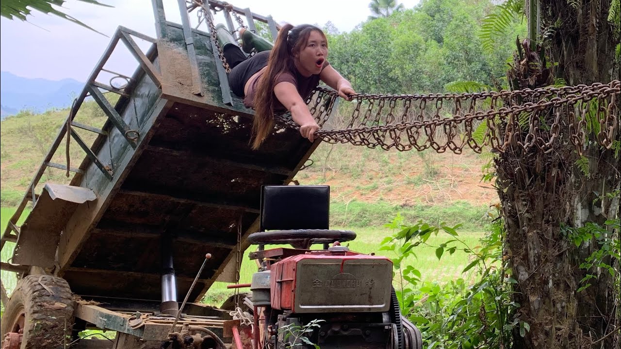 Agricultural vehicle transporting wood and skills of loading wood alone