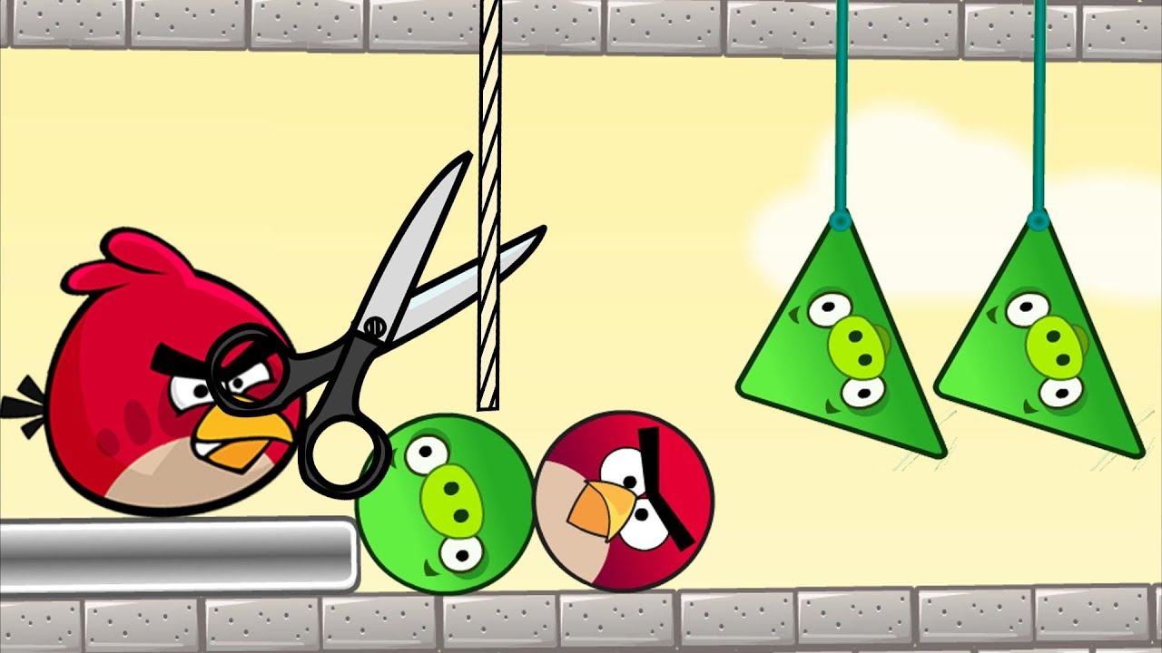 Angry Birds Pigs Out - THROW ALL ROUND BIRDS AND TRIANGLE PIGS BY CUTTING ROPE!