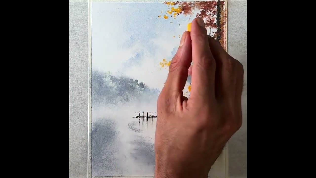 Calm misty autumn scenery - easy oil pastel scenery