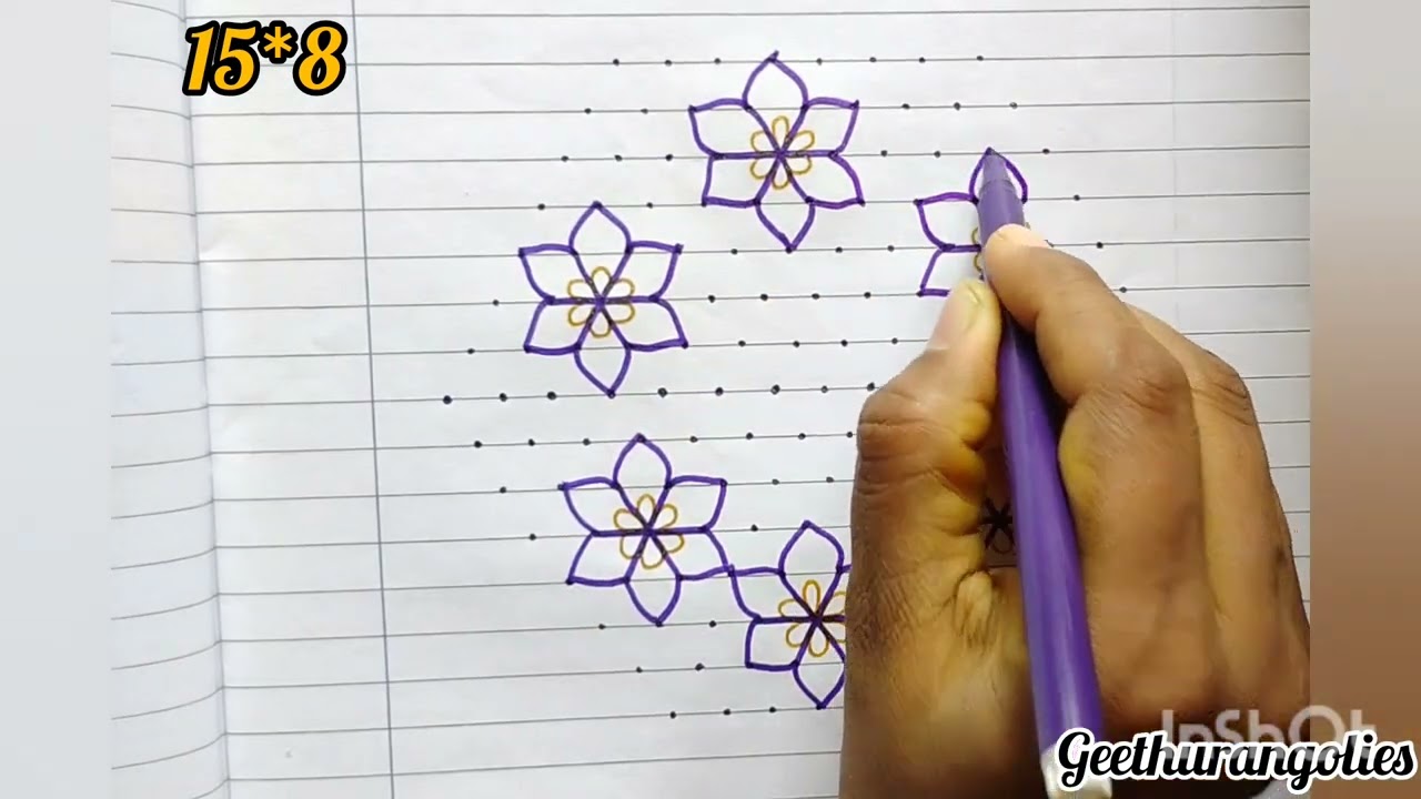 Simple 15*8dots kolam 🌺|traditional flower kolam #rangolidesigns #kolangal #viralvideo #muggulu 