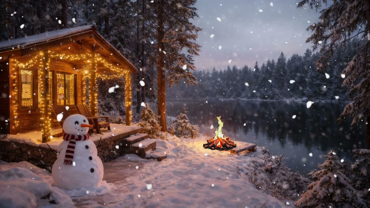 Cozy Winter Cabin Fireplace by the Lake ❄️ Snowfall Sounds for Relaxing & Sleep