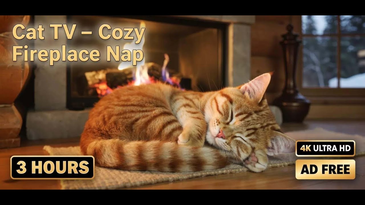 Cat TV for Sleep Purring Cat 🐱 Cozy Fireplace ASMR (3 Hours, No Ads)