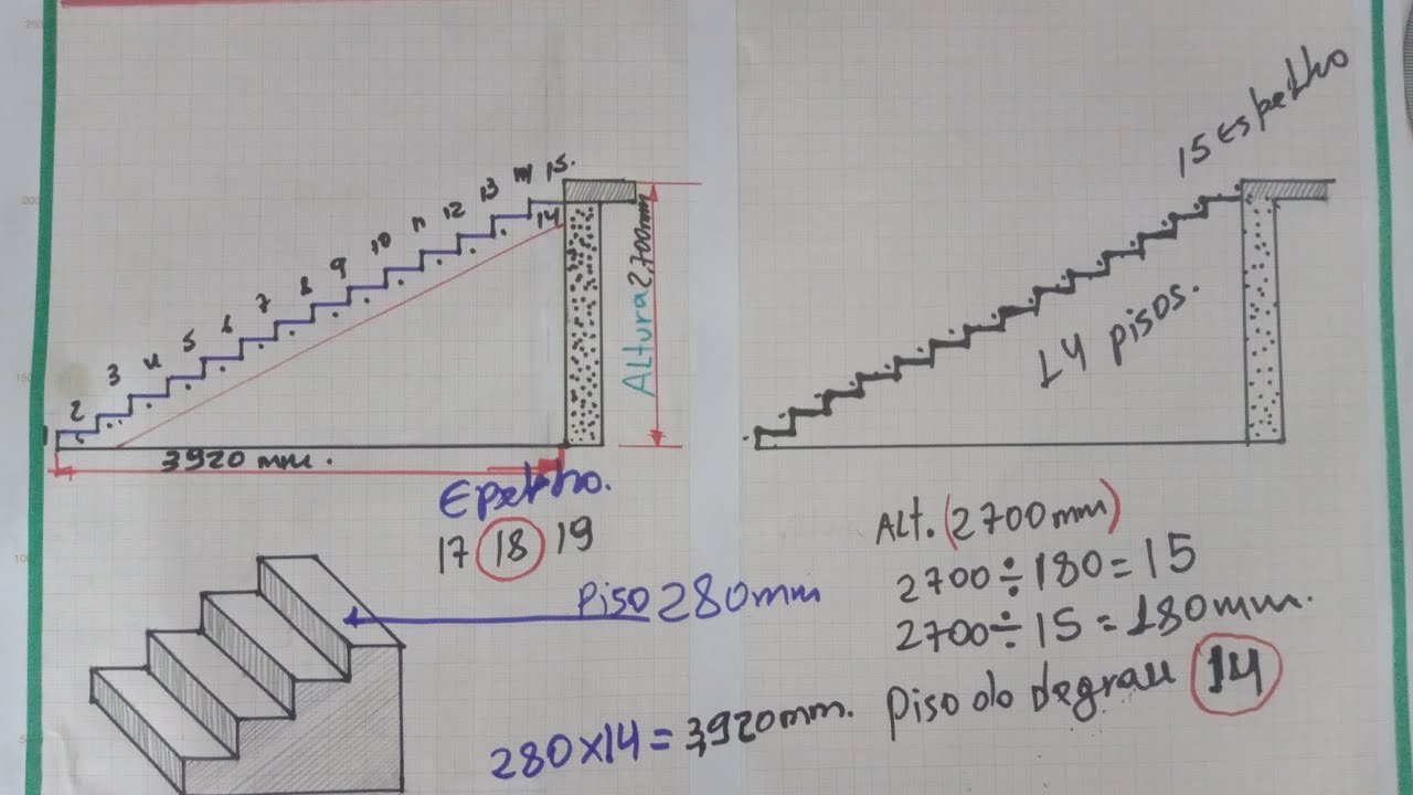 CALCULO PARA ESCADA PASSO A PASSO DE COMO ACHAR COMPRIMENTO, ALTURA, ESPELHO E PISO DO DEGRAU.