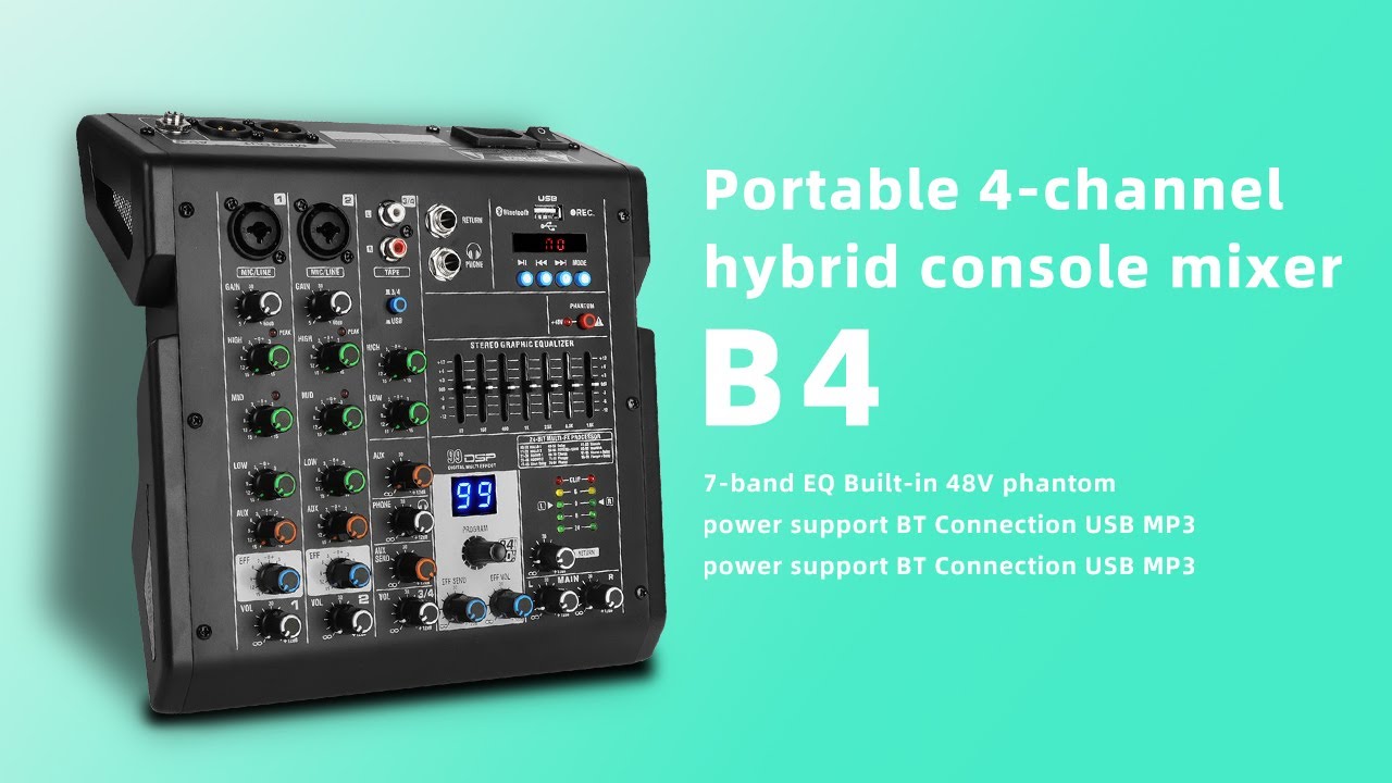 Bomaite B4 Portable 4-Channel Mixing Console Mixer 7-band EQ Built-in 48V Phantom Power Supports BT