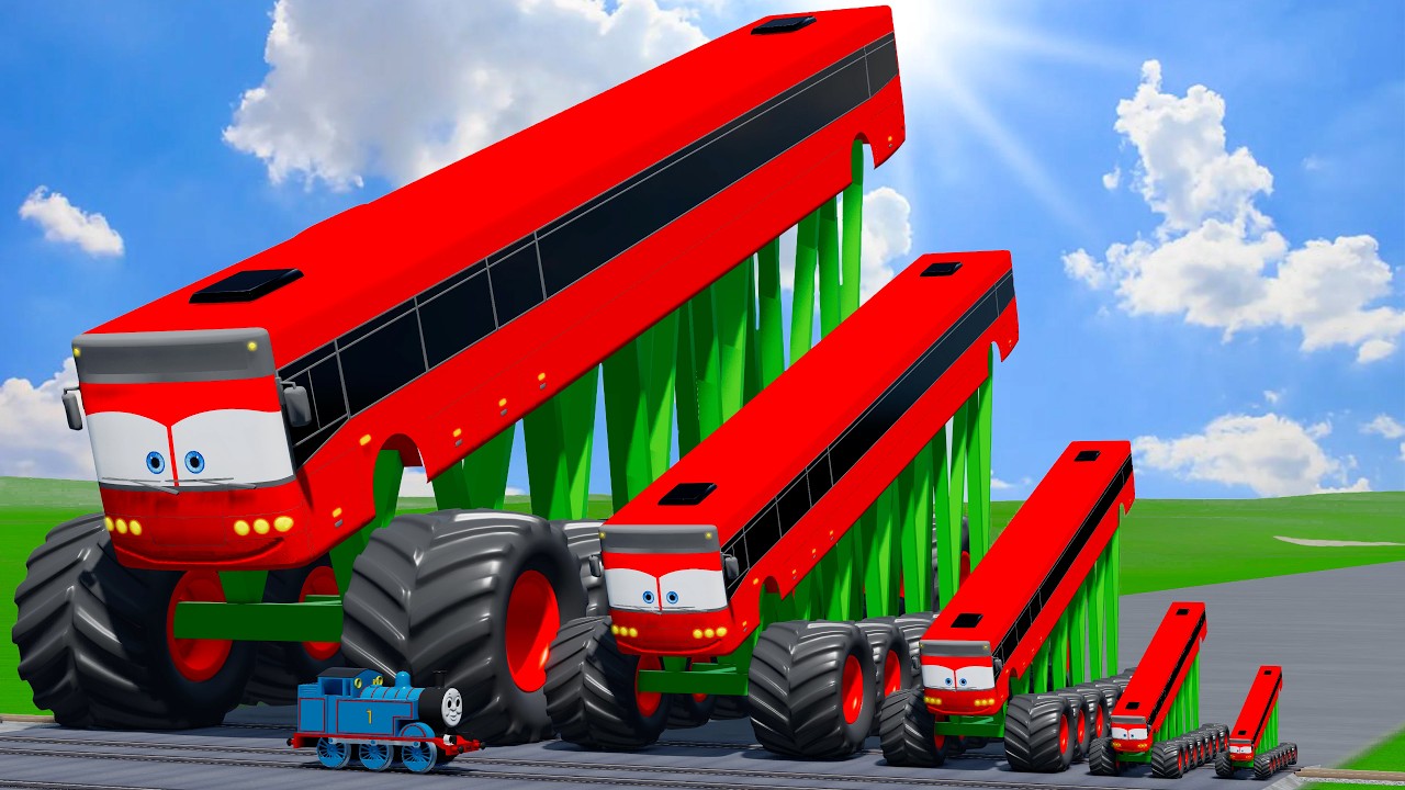 Big & Small McQueen Bus Long & Tall with Monster wheels VS Train | BeamNG.drive