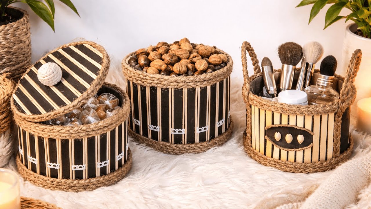2 Unique Ideas💡 of Basket with wooden sticks | Diy Rope Basket | Cardboard craft idea | Hamna Nadeem