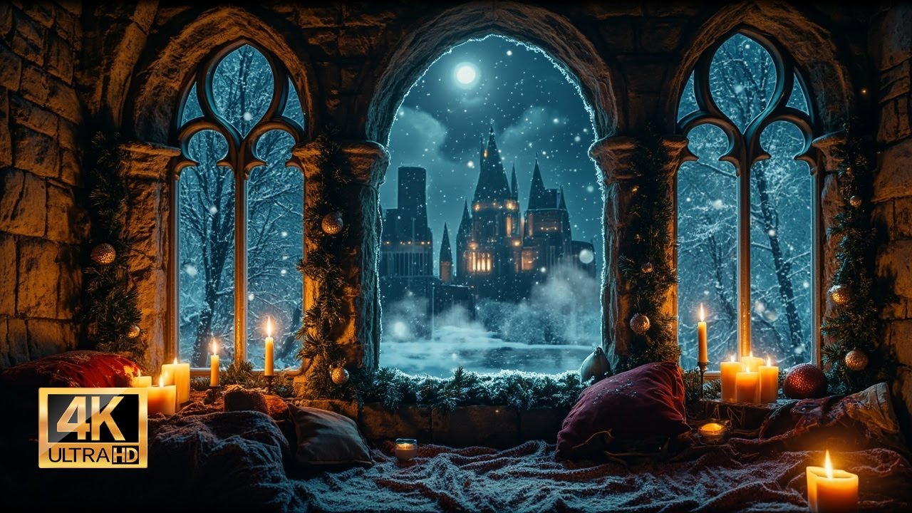 4K Harry Potter Winter Window View - Hogwarts Snow Ambience & Wind Sounds for Study and Sleep