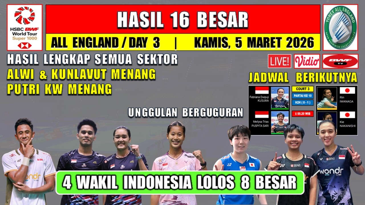 4 WAKIL INDONESIA MENANG ~ Hasil 16 Besar All England Open 2026 Hari Ini ~ ALWI & PUTRI KW MENANG