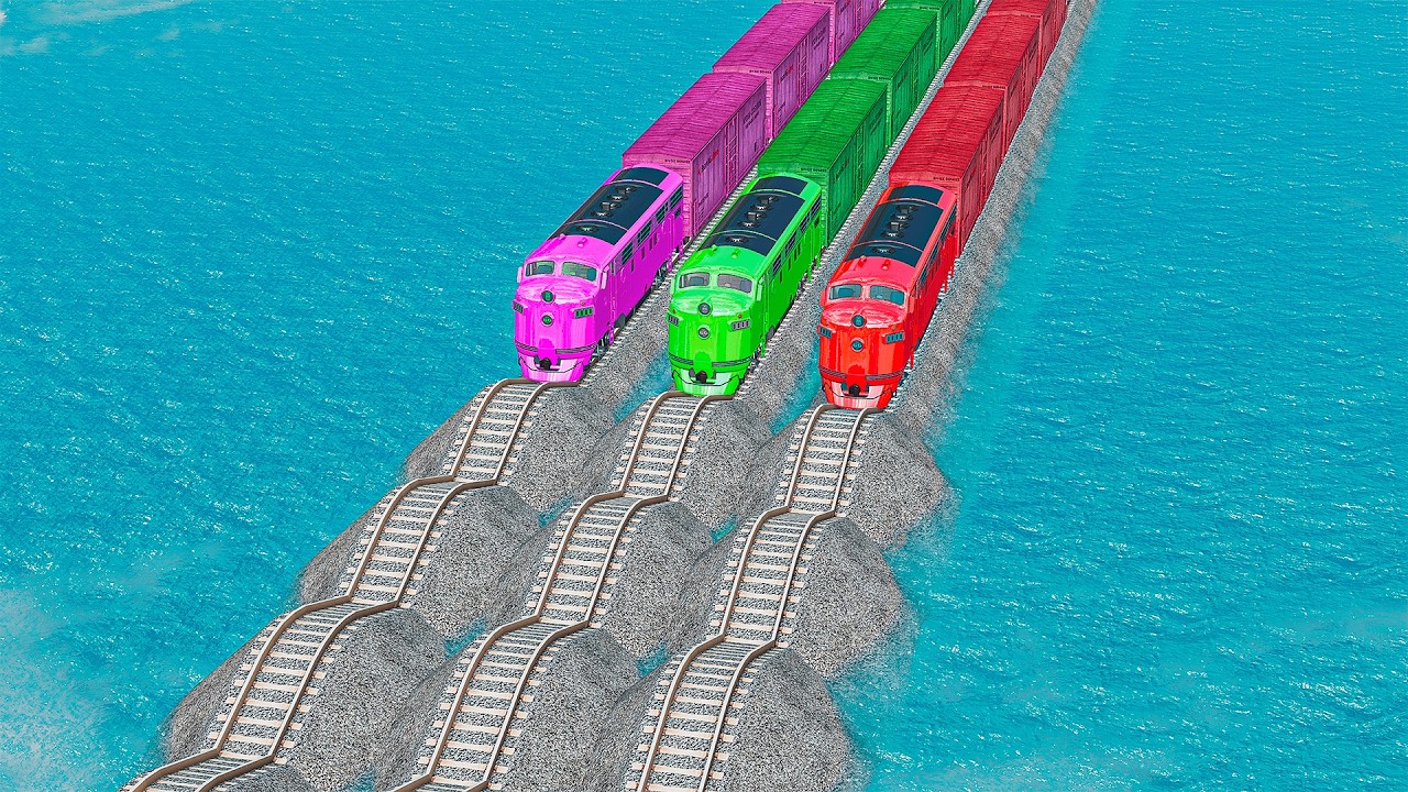 Triple Colorful Trains Vs Wavy Impossible Weird Rails Tracks Crossing Deepwater | BeamNG.drive