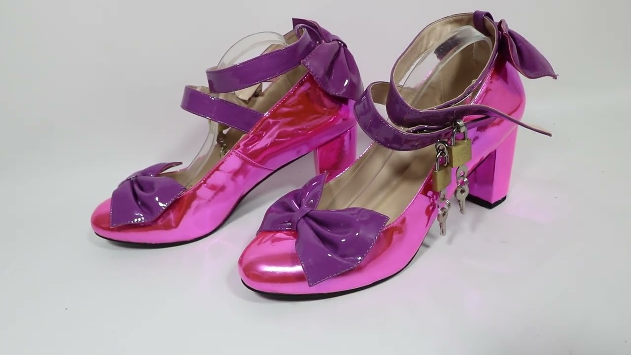 Sorbern Metallic Hot Pink Ankle Strap With Locks Women Pump Block Heels Purple Bowknot