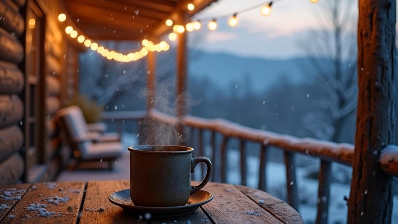 Cozy Appalachian Cabin Porch Ambience ❄️☕ Snowfall, Coffee & Soft Evening Glow
