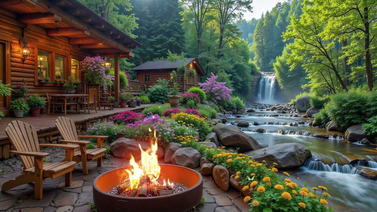 Relax At A Forest Cabin 🌿 Crackling Fire, Piano Music & Birdsong for Relaxation, Quiet Ambience
