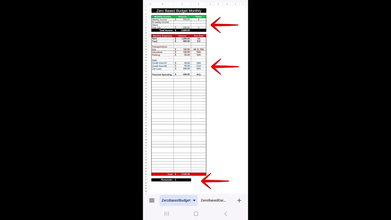 Zero-based Budget Spreadsheet