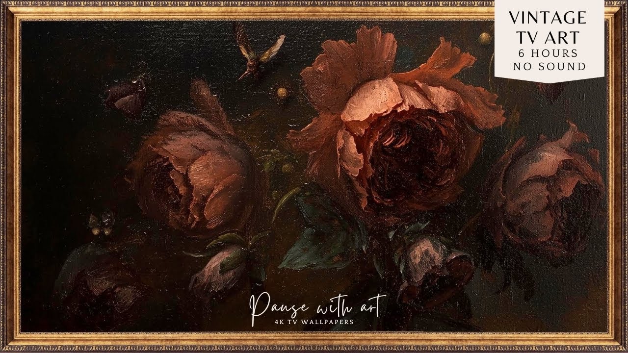 Vintage Frame TV Art Dark Romantic Floral Still Life | Valentine's Oil Painting Flowers Wallpaper