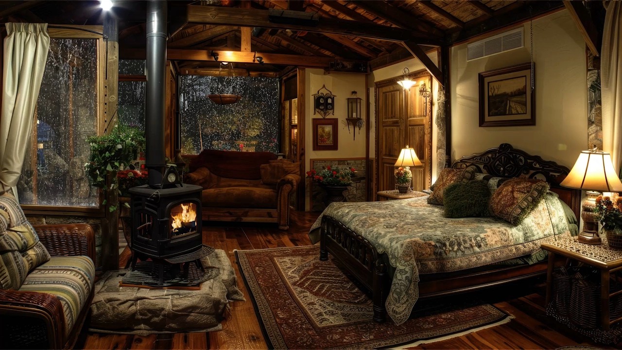 🔴Sleeping in a Cozy Pretty Cabin with Warm Fireplace🔥and Soothing Rain Sounds at Rainy Night💤