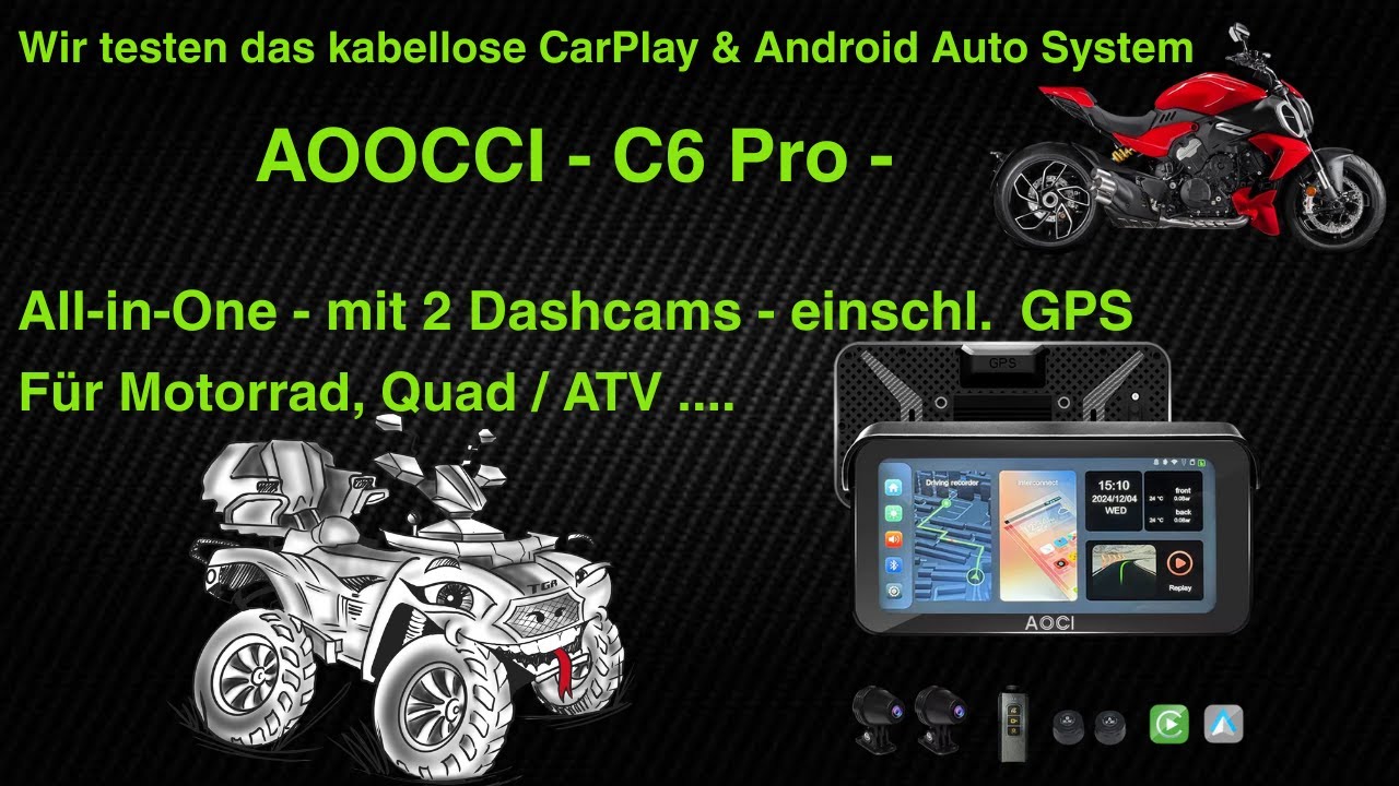 AOOCCI C6 PRO Carplay und Android Auto am Motorrad, Quad / ATV mit 2 Dashcams, GPS, Radsensoren uvm.