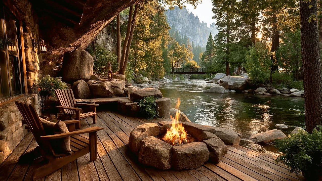 Relaxing Summer Nature at the Cabin | Porch View, Forest River Sounds & Campfire Ambience