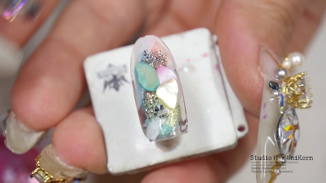 UniKorn 獨角獸美甲教學 煙霧彩石水晶岩布款 Smoky Nail With Color Stones & Swarovski Crystal Rocks