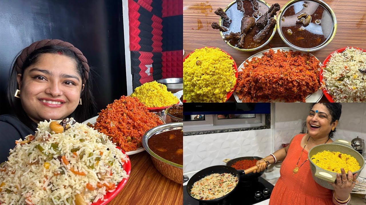 3 PULAO RECIPE WITH BEHIND THE SCENES OF MADDYEATS | BASANTI PULAO, TAWA PULAO & VEGETABLE PULAO