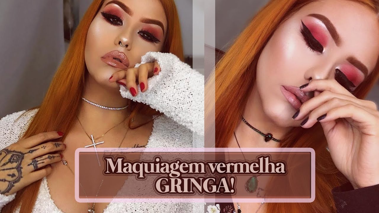 Maquiagem em tons vermelhos com delineado grosso (estilo gringa).