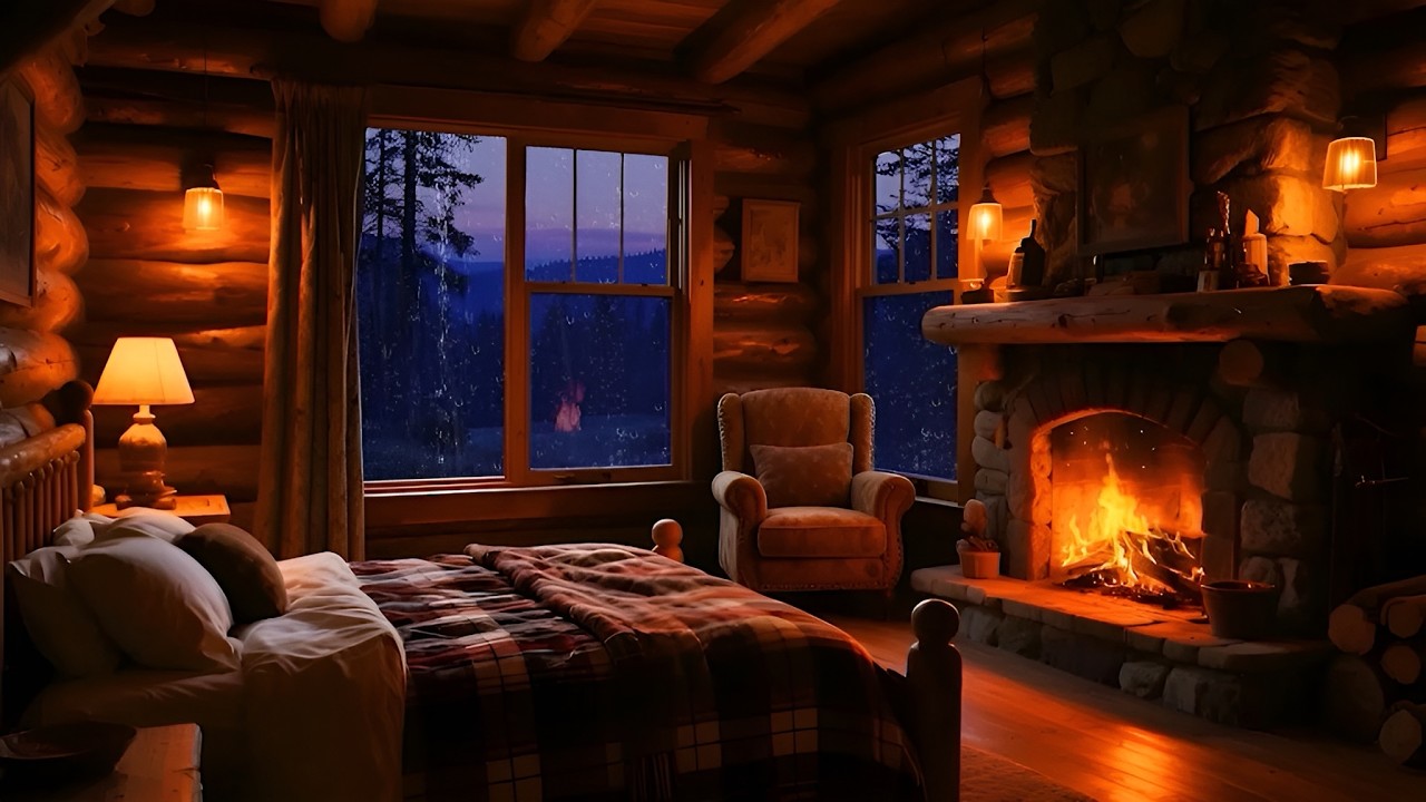 Rain Sounds for Sleep 🌧  Warm Cabin with Fireplace