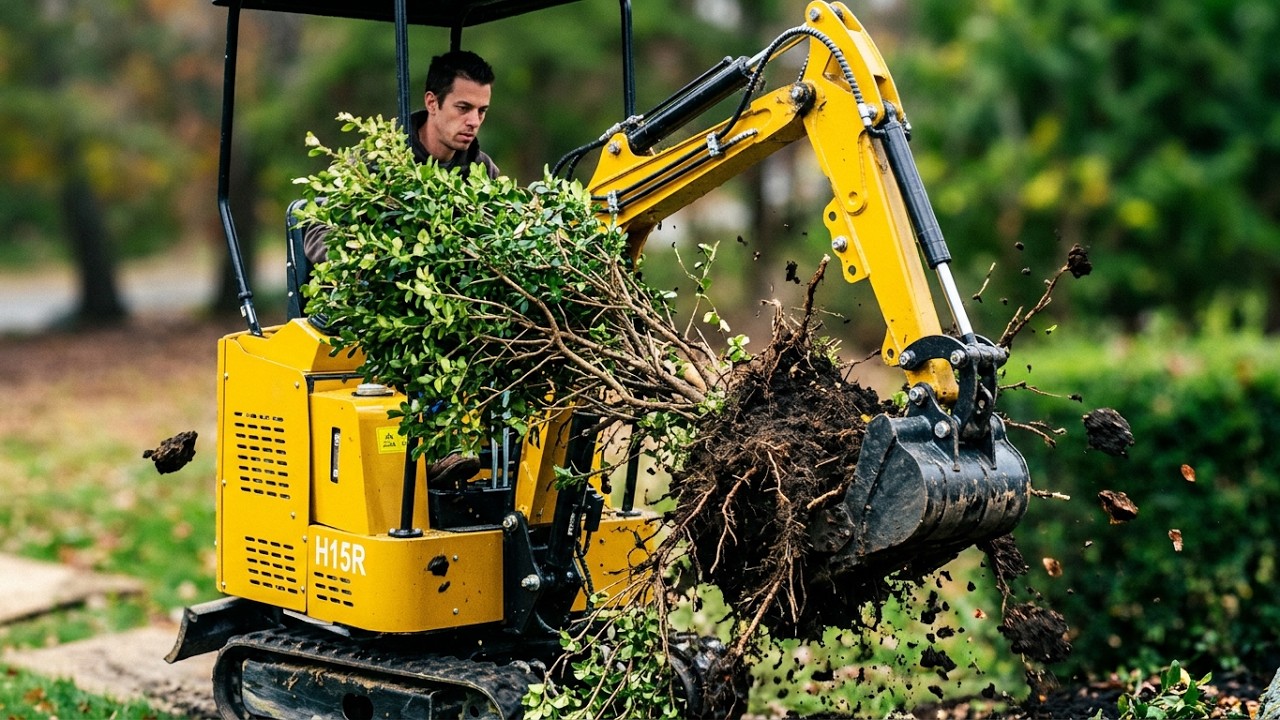 mini excavator removing bushes